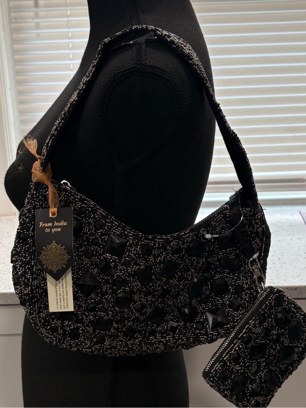 NWT From India to You Elegant black beaded shoulder bag w/ coin pouch